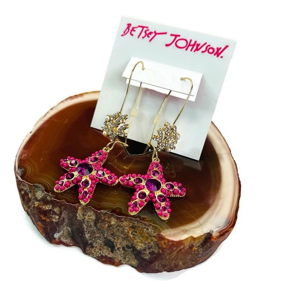 Betsey Johnson Starfish Sea Pink Rhinestones Crystals Earrings Drop Dangle - Picture 2 of 5